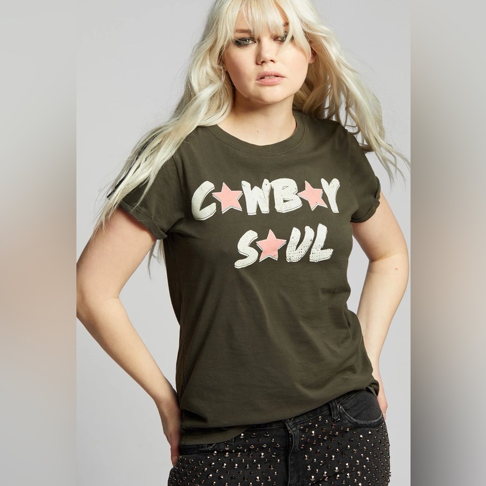 Recycled Karma Cowboy Soul Crewneck Tee with Pink Stars